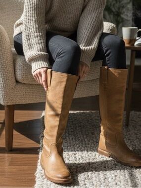 Frye Celia Cross Stitch camel Leather Distressed Tall Riding Boots Size 5.5